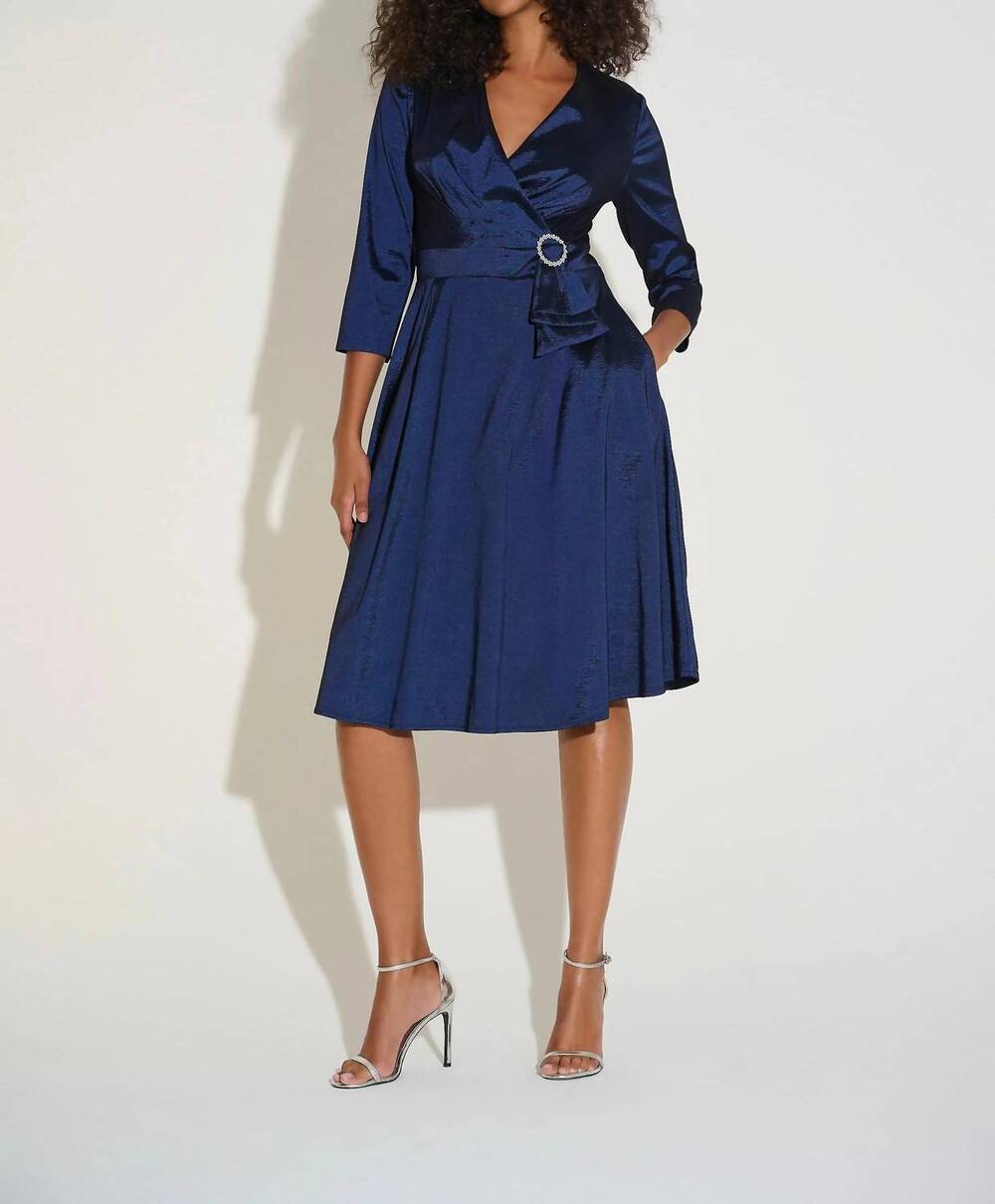 NEW JOSEPH RIBKOFF pleated taffeta fit & flare dress in midnight blue